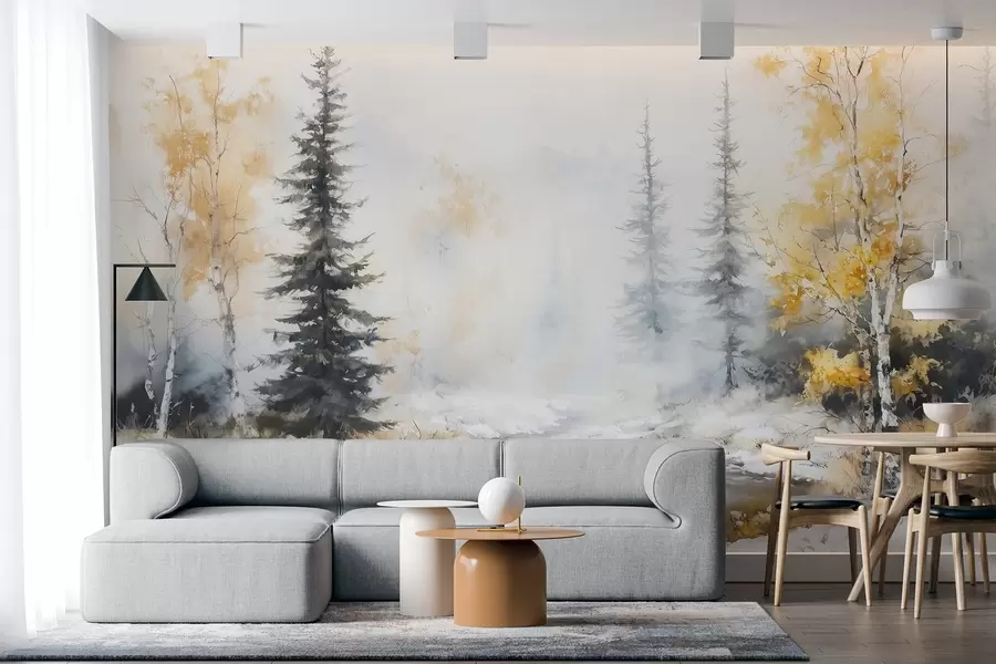 wall murals Зимска шума, брезе, борови, река, магла, пастелне боје w02742