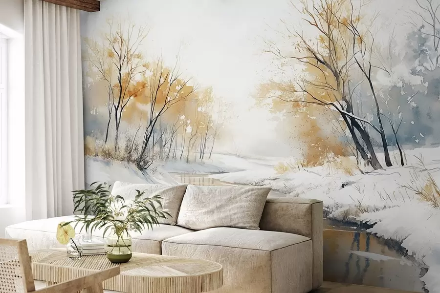 wall murals Зимски речни пејзаж са шумом, цртеж у стилу акварела w02743