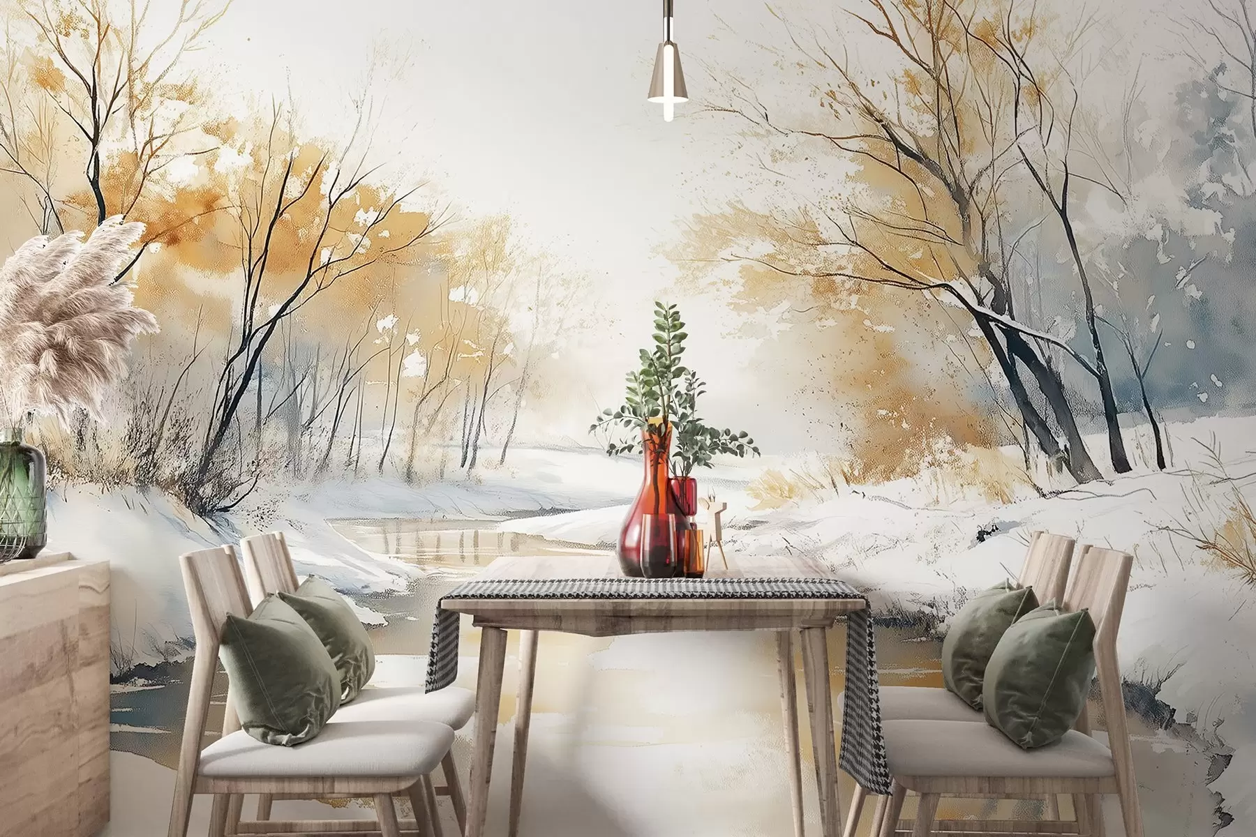 wall murals Зимски речни пејзаж са шумом, цртеж у стилу акварела w02743