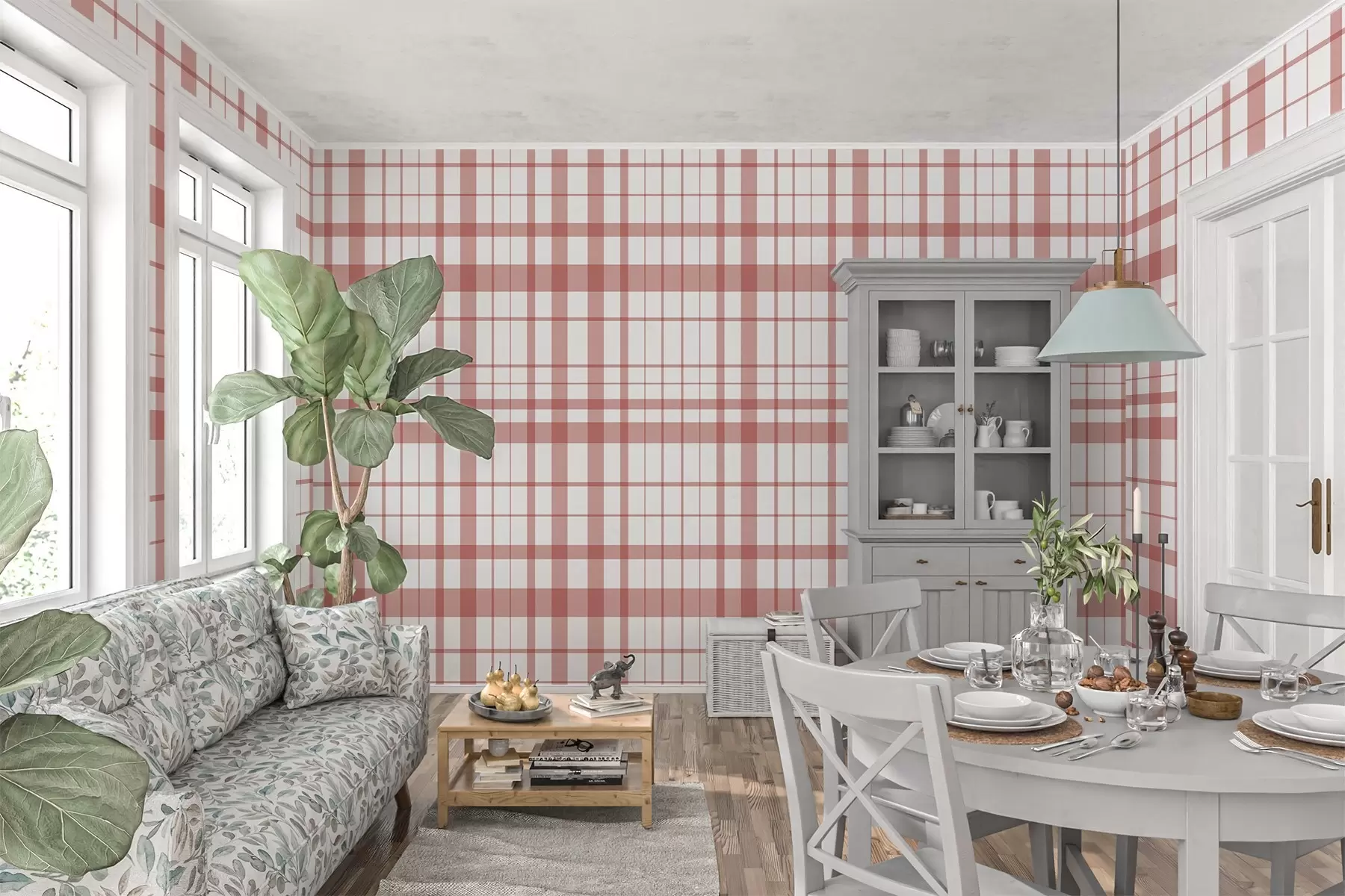 wall murals Минималистички карирани узорак са танким и црвеним линијама на белој позадини, геометријска строгост. w02852v2