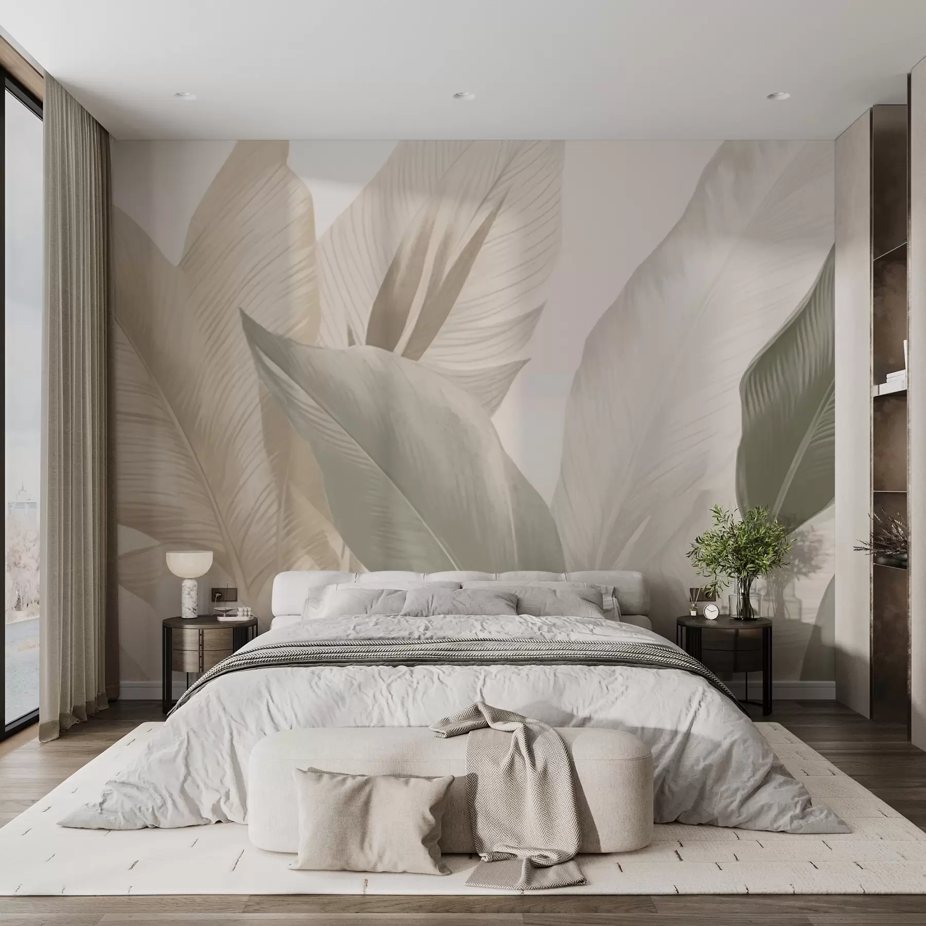 wall murals Тропско лишће у нежним беж и зеленим тоновима, са ефектом акварела и нежним прелазима боја w02854