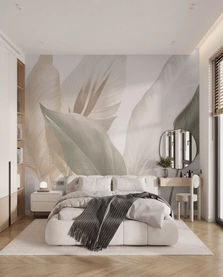 wall murals Тропско лишће у нежним беж и зеленим тоновима, са ефектом акварела и нежним прелазима боја w02854