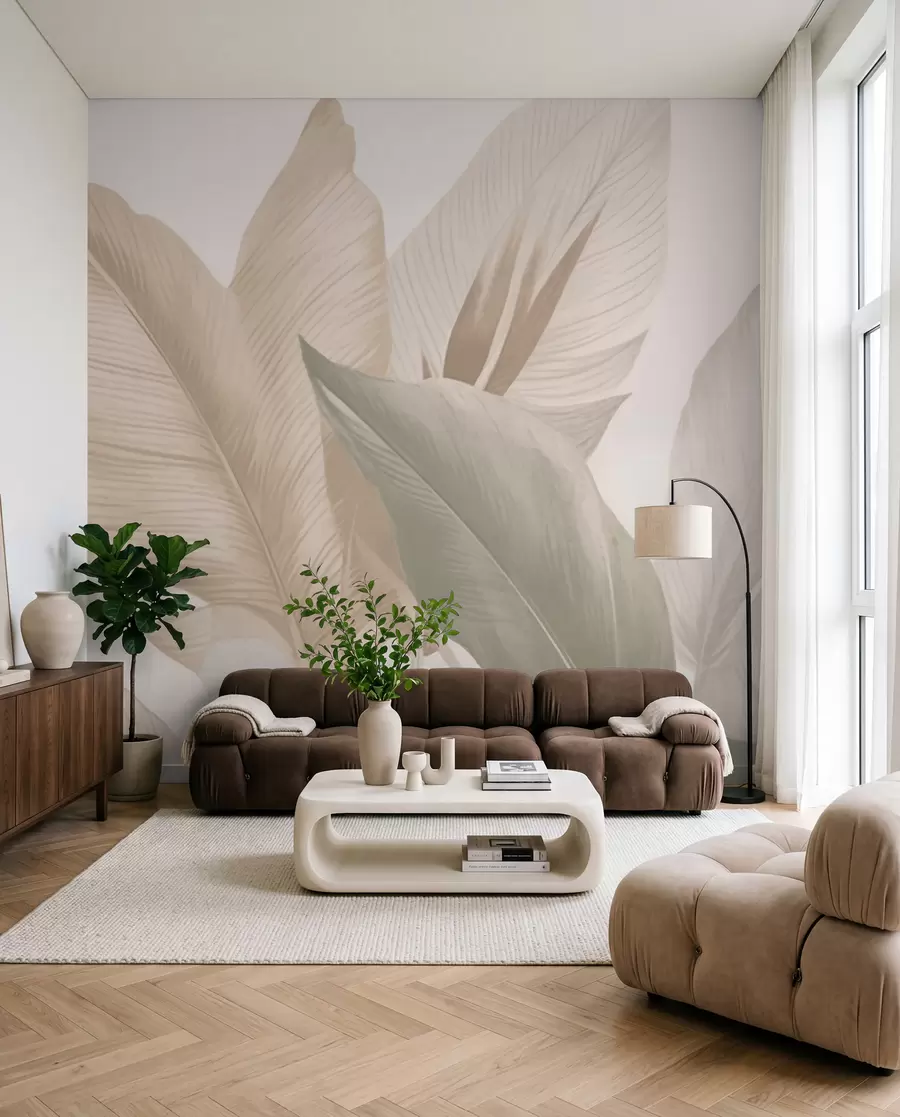 wall murals Тропско лишће у нежним беж и зеленим тоновима, са ефектом акварела и нежним прелазима боја w02854