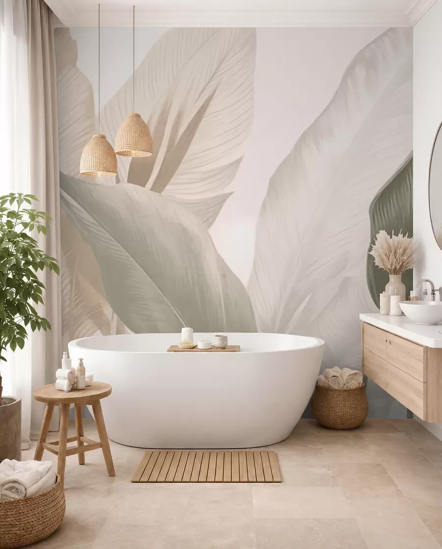 wall murals Тропско лишће у нежним беж и зеленим тоновима, са ефектом акварела и нежним прелазима боја w02854