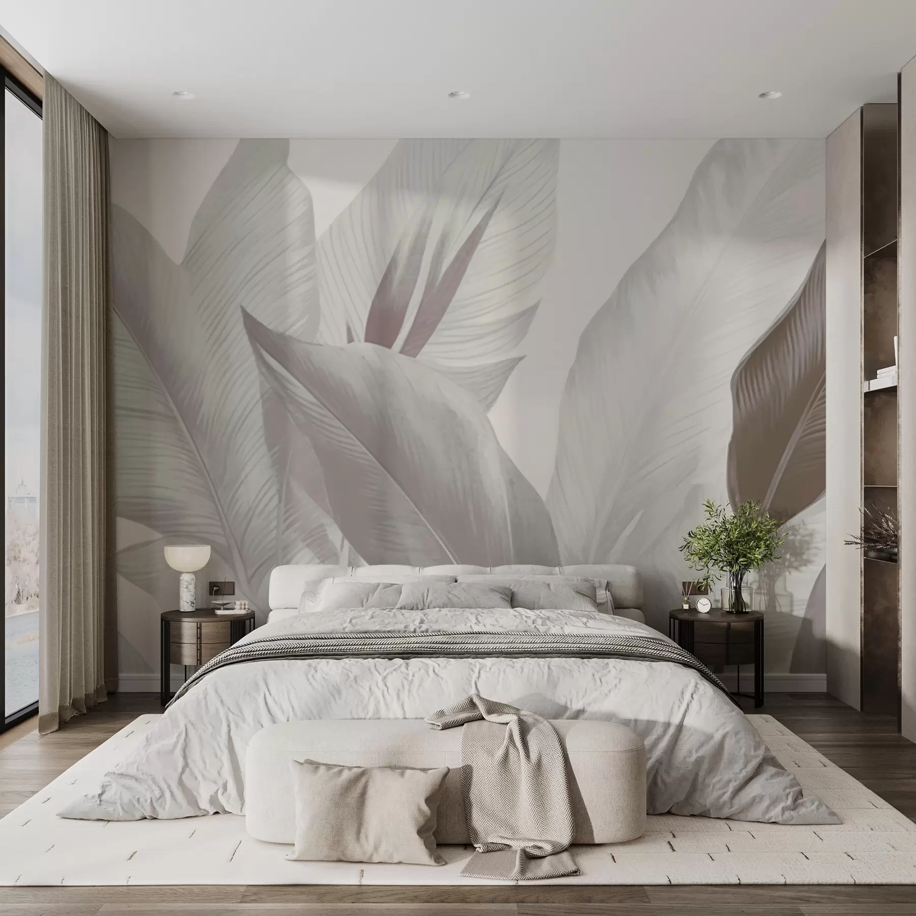 wall murals Тропско лишће у пригушеним сивим и браон тоновима, наглашавајући текстуру и суптилне прелазе између светлости и сенке w02854v1