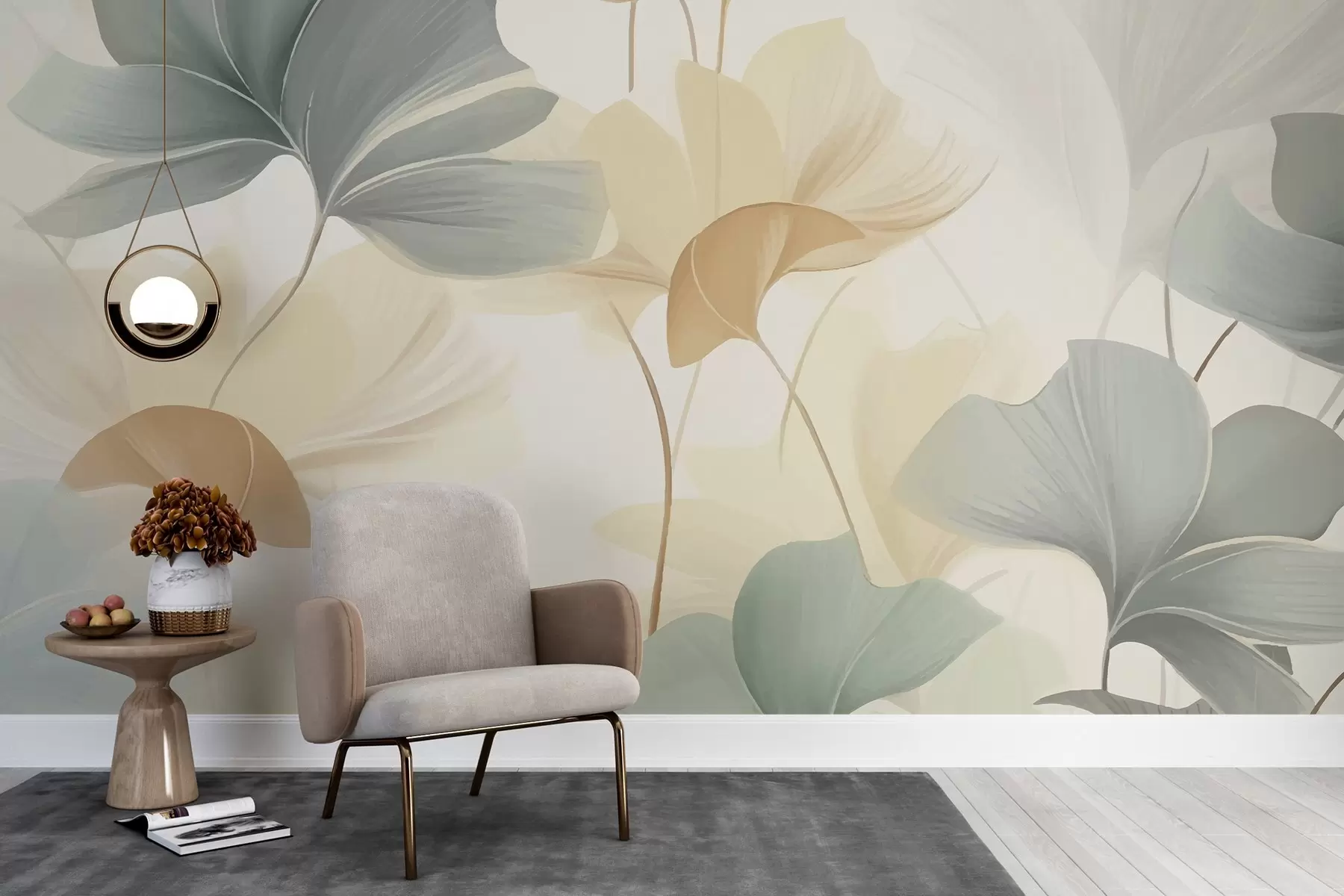 wall murals Узорак листова гинка у меким пастелним тоновима, мешајући зелене, жуте и крем нијансе да би се створио лаган и прозрачан осећај w02855