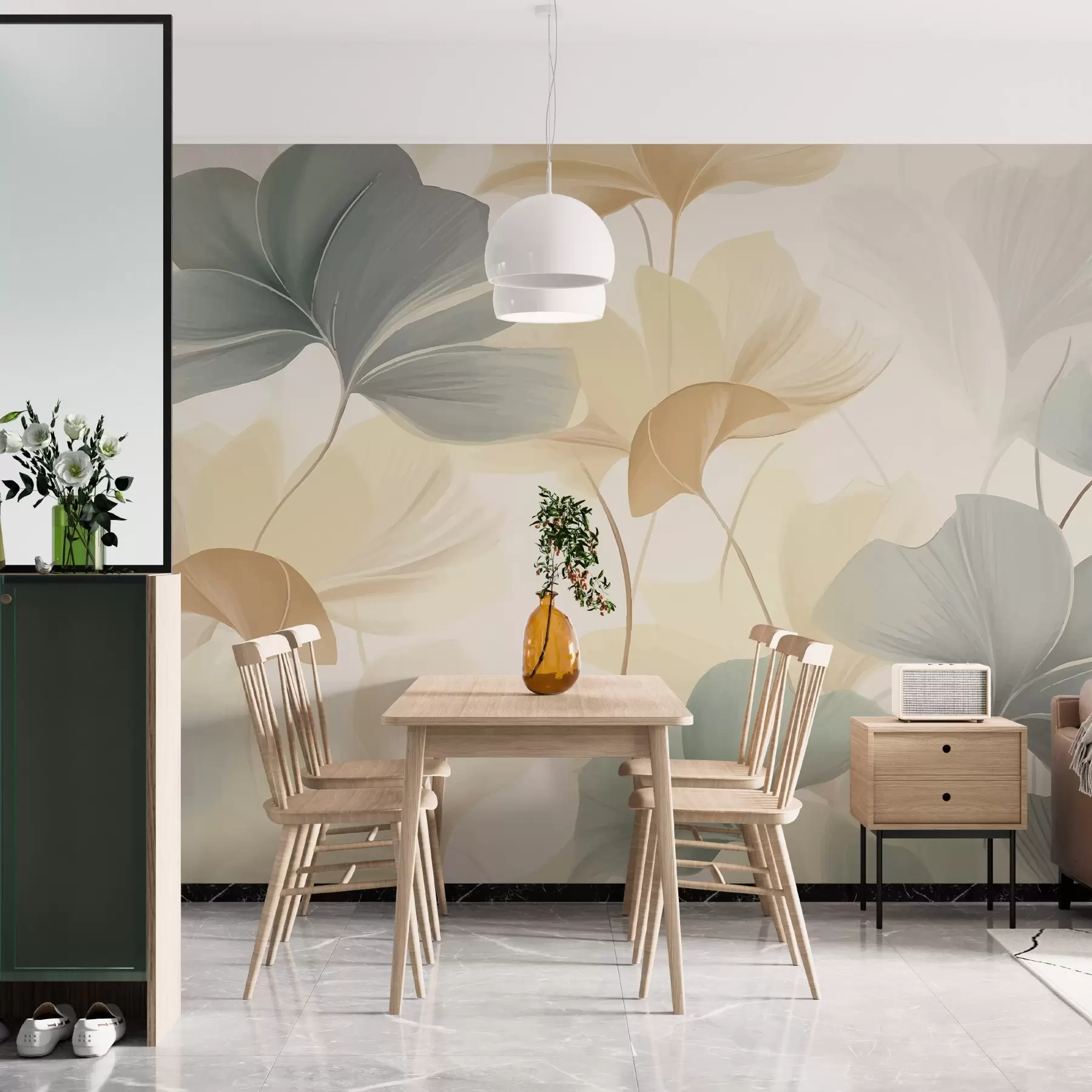 wall murals Узорак листова гинка у меким пастелним тоновима, мешајући зелене, жуте и крем нијансе да би се створио лаган и прозрачан осећај w02855