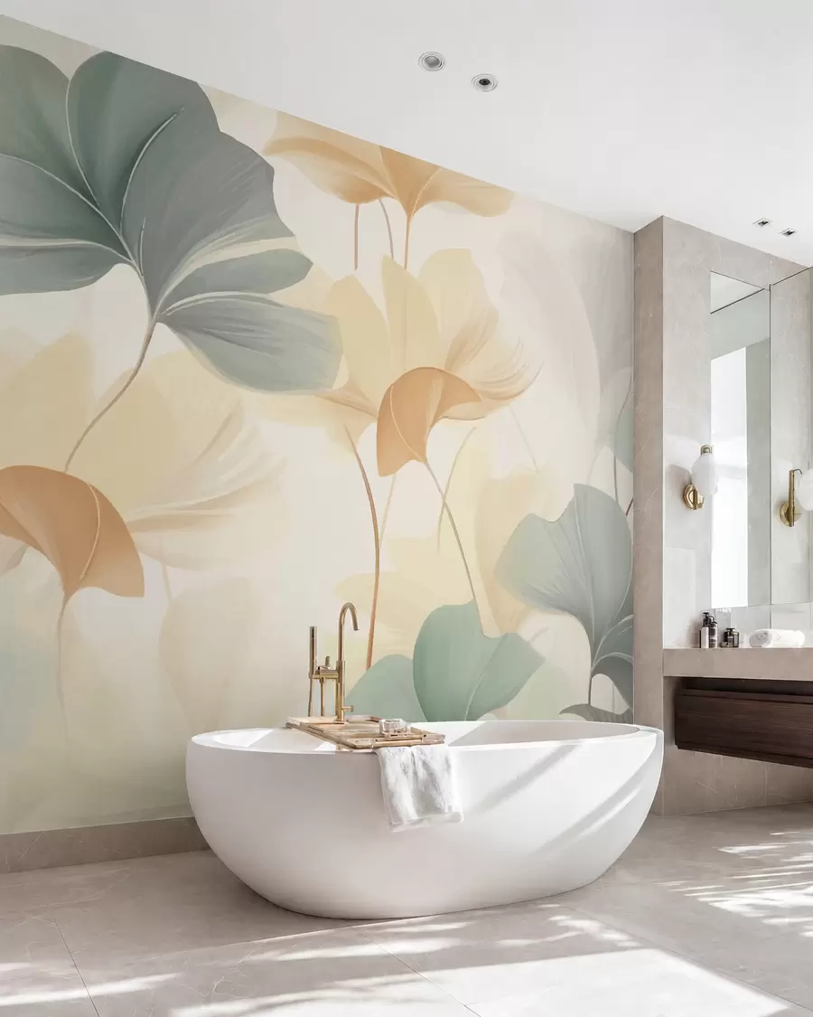 wall murals Узорак листова гинка у меким пастелним тоновима, мешајући зелене, жуте и крем нијансе да би се створио лаган и прозрачан осећај w02855