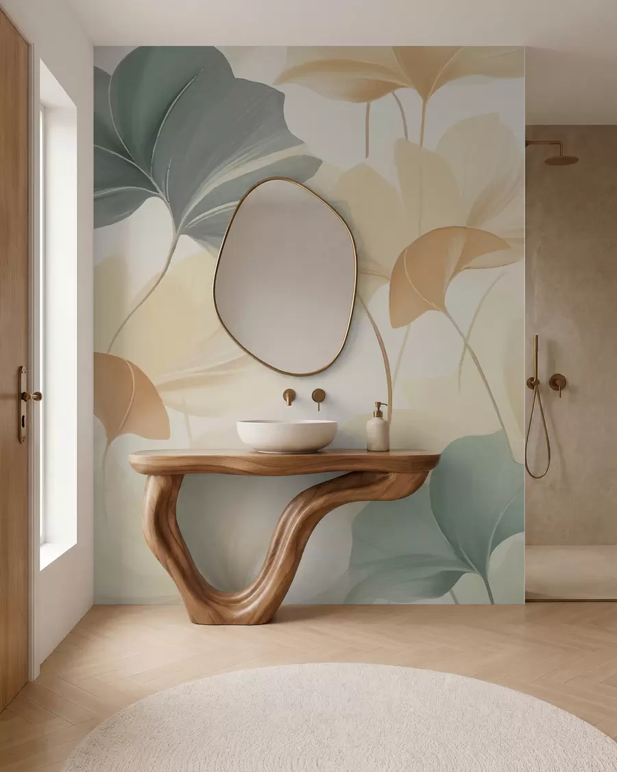 wall murals Узорак листова гинка у меким пастелним тоновима, мешајући зелене, жуте и крем нијансе да би се створио лаган и прозрачан осећај w02855