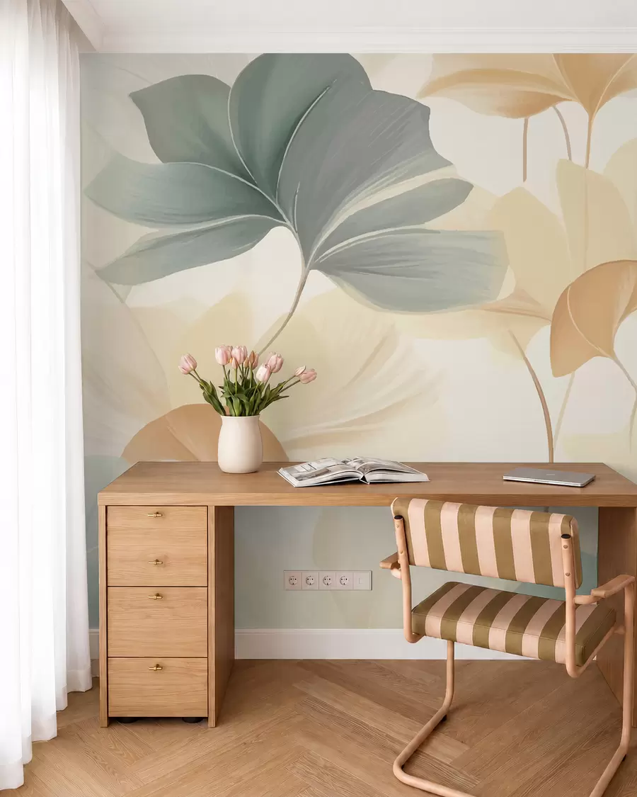 wall murals Узорак листова гинка у меким пастелним тоновима, мешајући зелене, жуте и крем нијансе да би се створио лаган и прозрачан осећај w02855