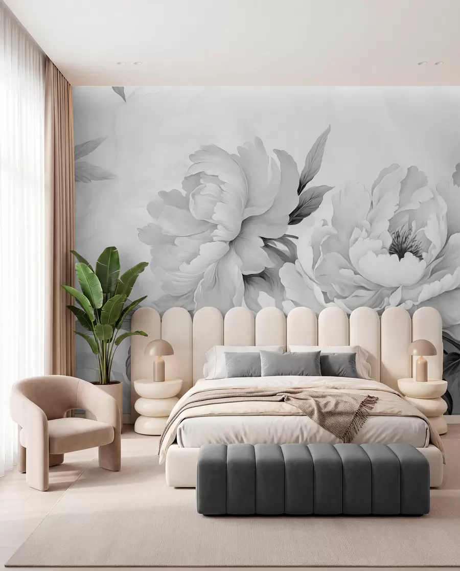wall murals Луксузни божури у нијансама сиве, са деликатним детаљима латица и листова, стварају елегантну и спокојну атмосферу w02856