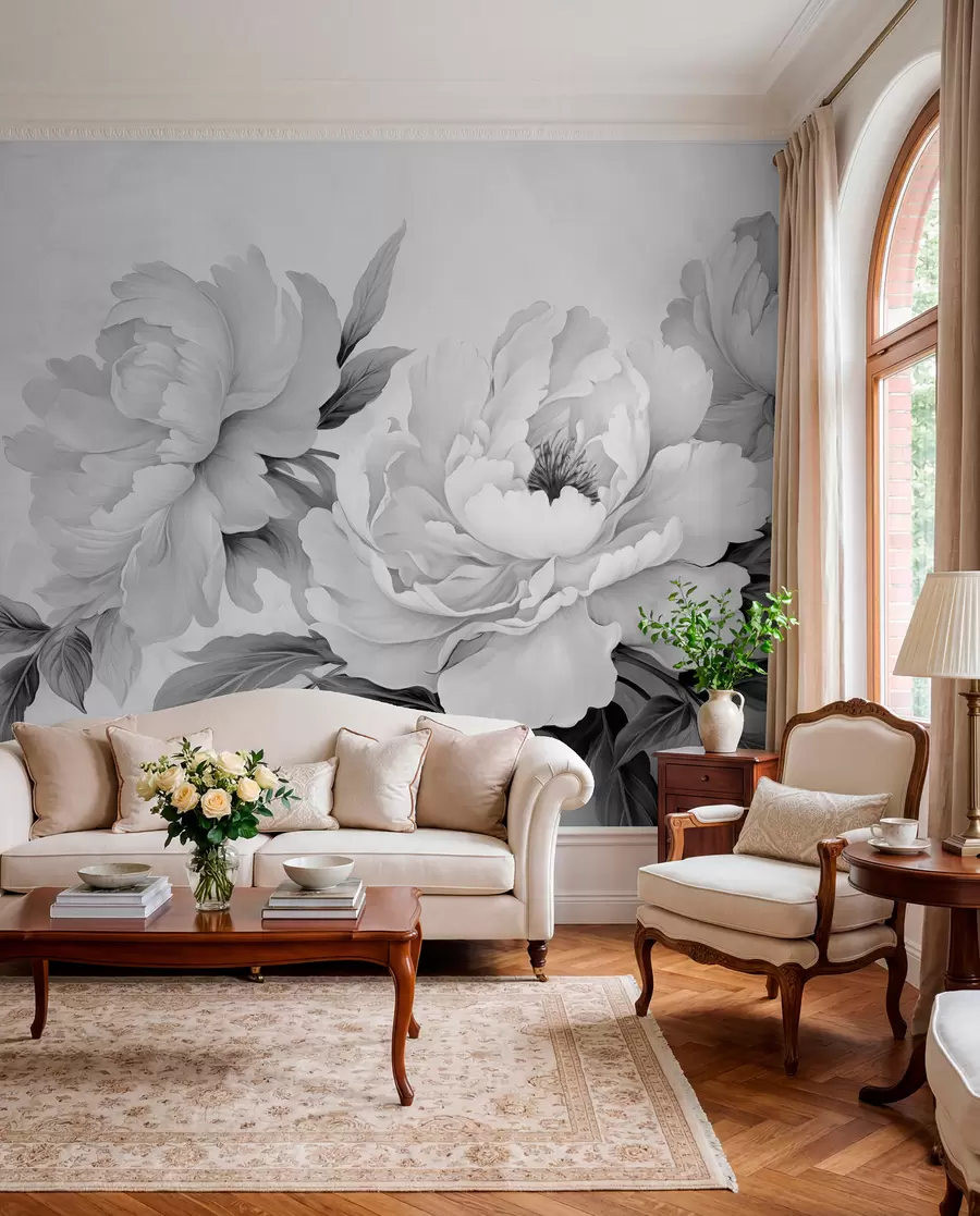 wall murals Луксузни божури у нијансама сиве, са деликатним детаљима латица и листова, стварају елегантну и спокојну атмосферу w02856