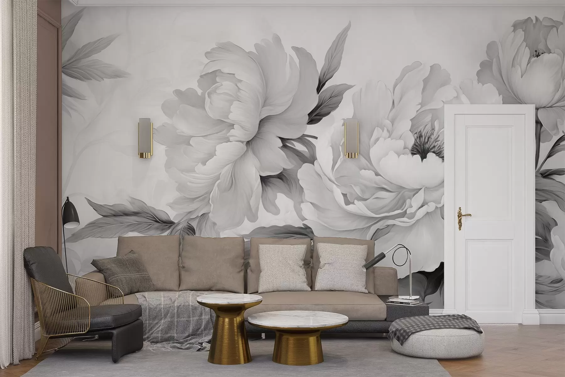 wall murals Луксузни божури у нијансама сиве, са деликатним детаљима латица и листова, стварају елегантну и спокојну атмосферу w02856