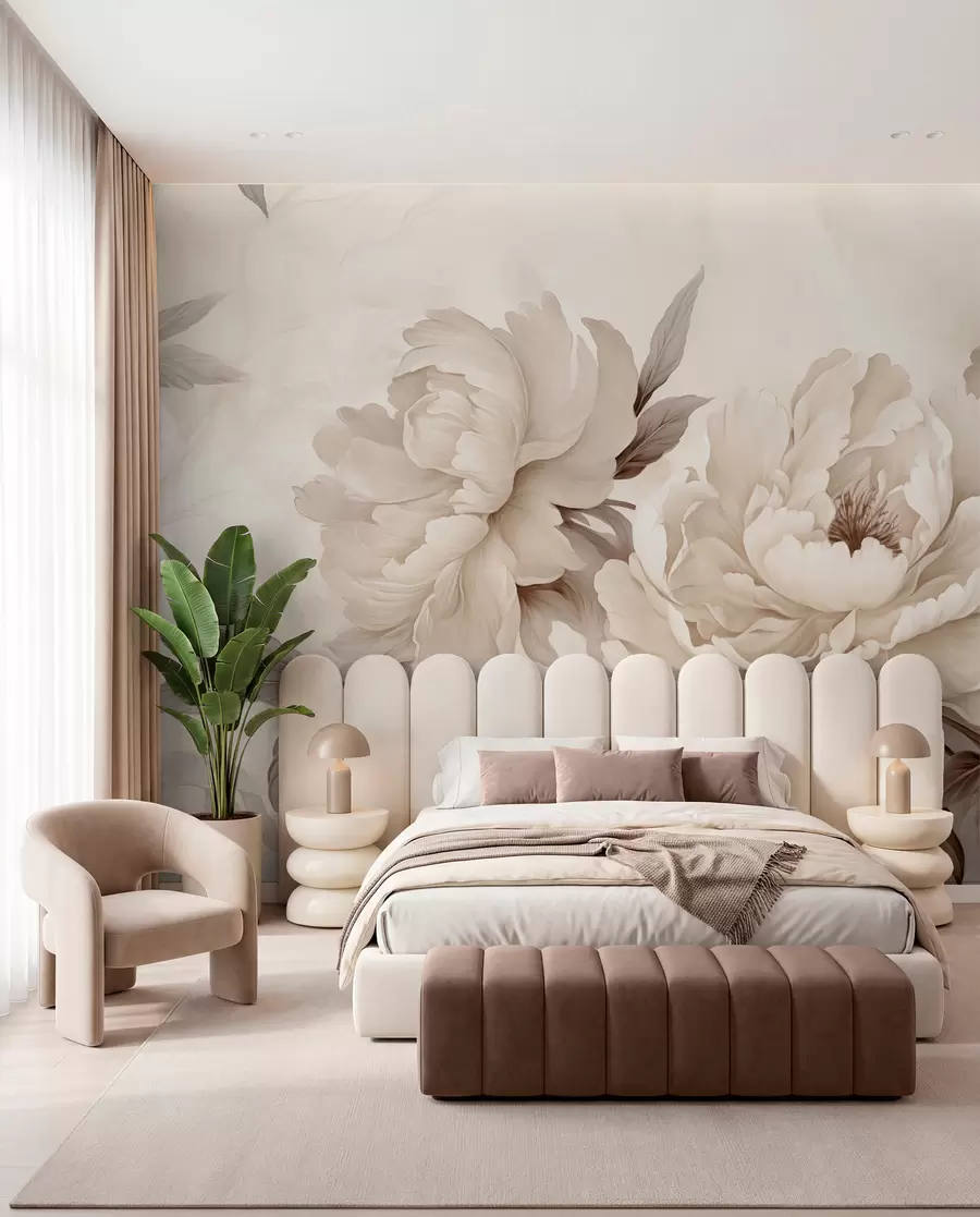 wall murals Нежни божури у кремасто беж тоновима, са префињеним детаљима латица и листова, стварајући топао и софистициран амбијент w02856v1