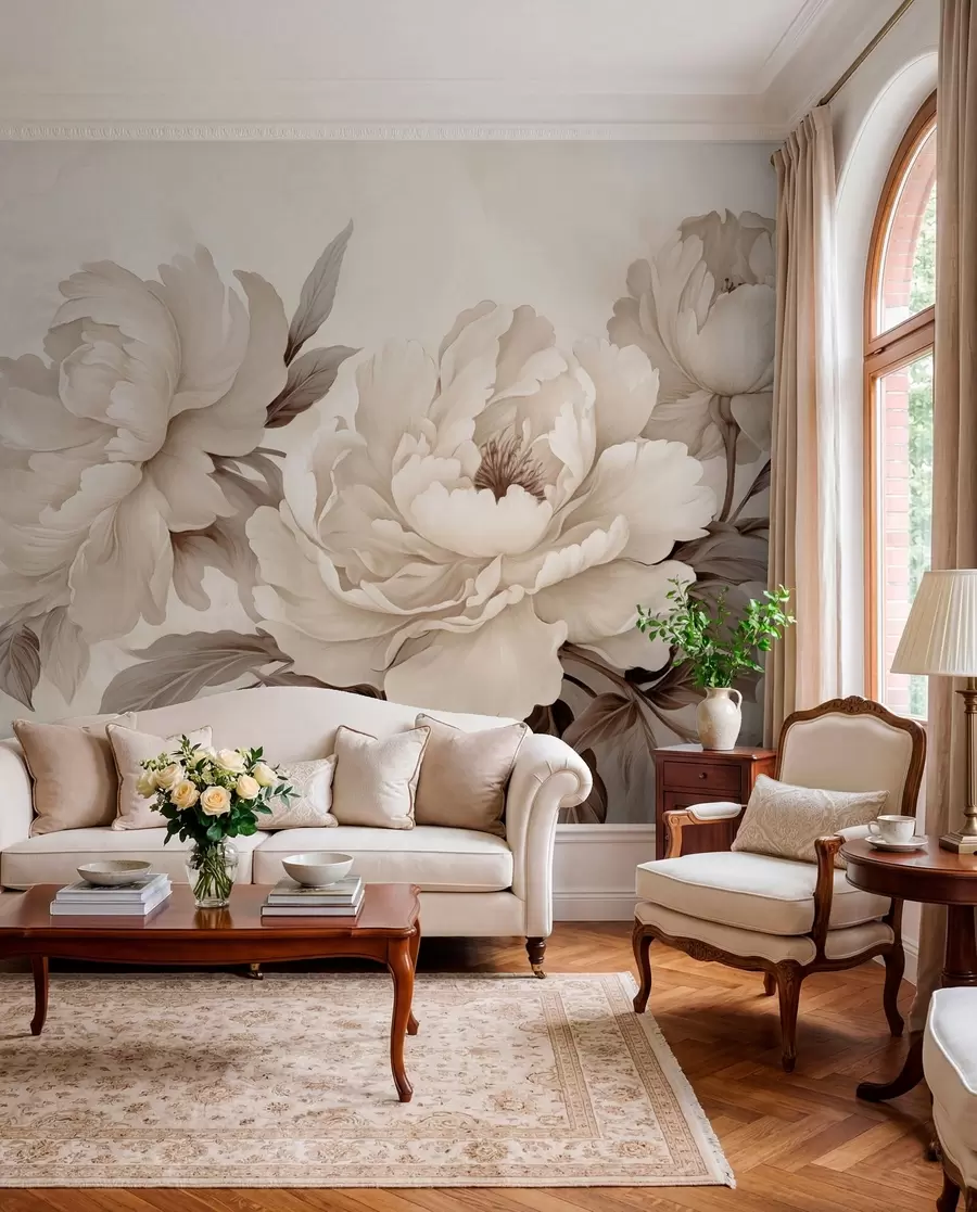 wall murals Нежни божури у кремасто беж тоновима, са префињеним детаљима латица и листова, стварајући топао и софистициран амбијент w02856v1