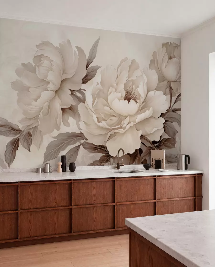 wall murals Нежни божури у кремасто беж тоновима, са префињеним детаљима латица и листова, стварајући топао и софистициран амбијент w02856v1