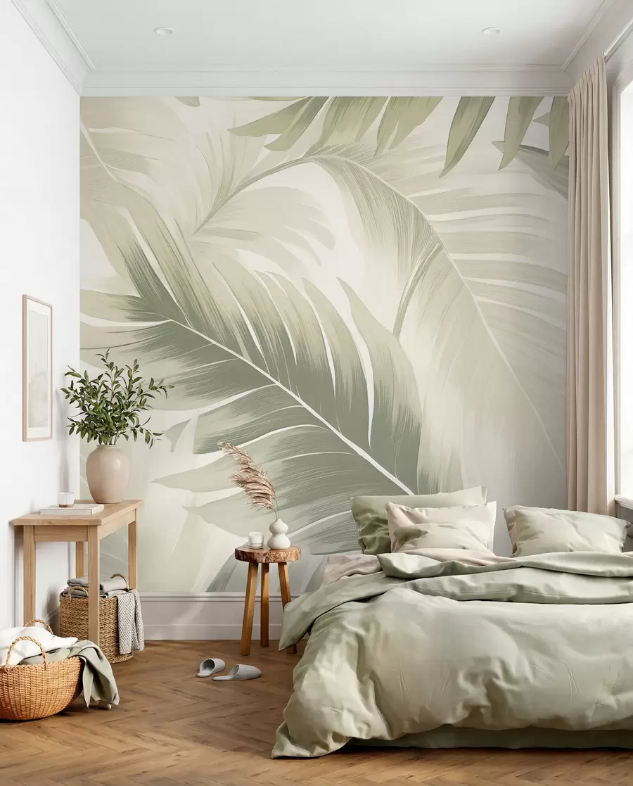wall murals Узорак великих тропских листова у меким зеленим и беж нијансама, са глатким преливима и деликатним детаљима текстуре w02858