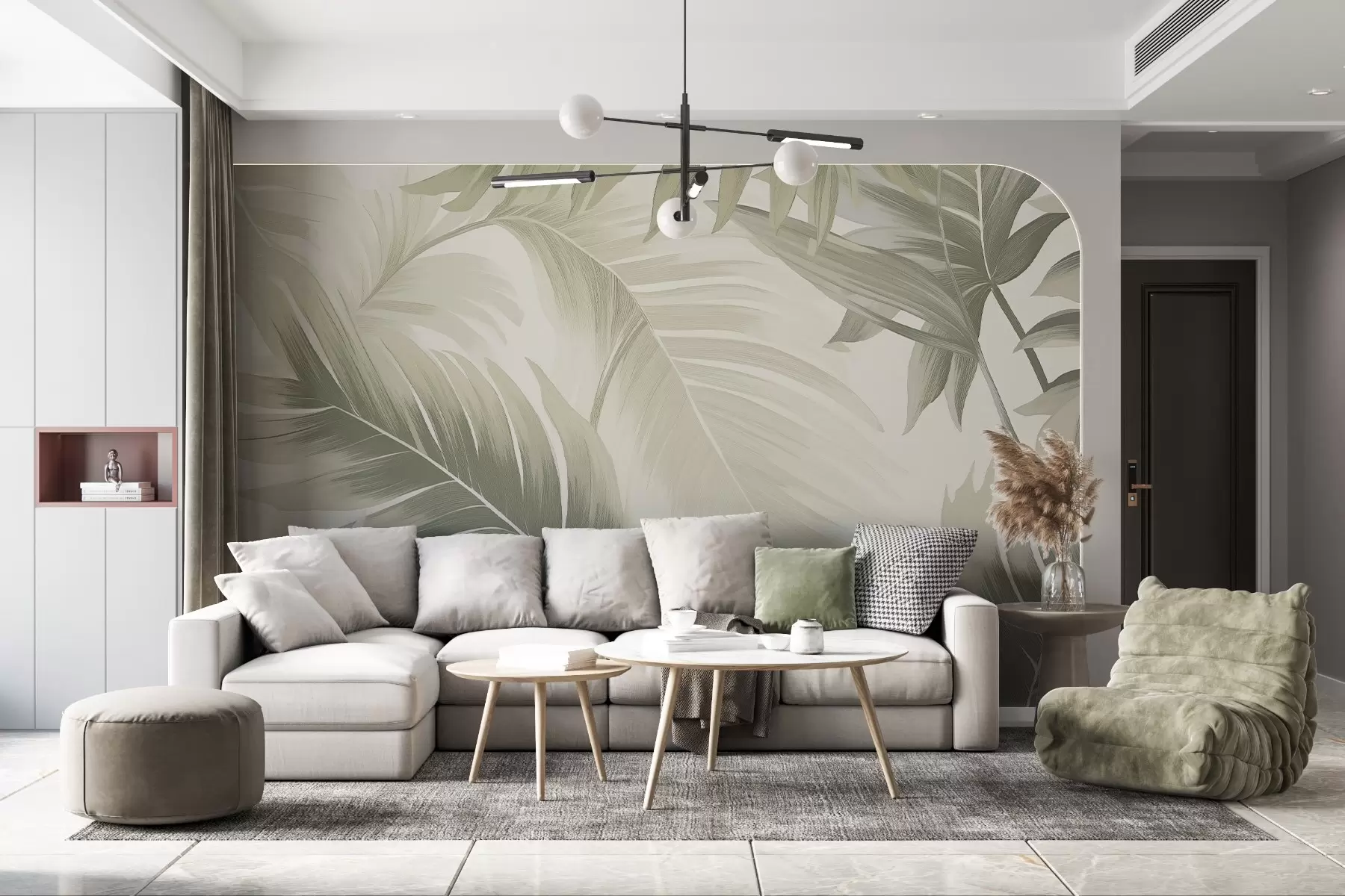 wall murals Узорак великих тропских листова у меким зеленим и беж нијансама, са глатким преливима и деликатним детаљима текстуре w02858