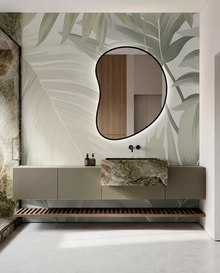 wall murals Узорак великих тропских листова у меким зеленим и беж нијансама, са глатким преливима и деликатним детаљима текстуре w02858