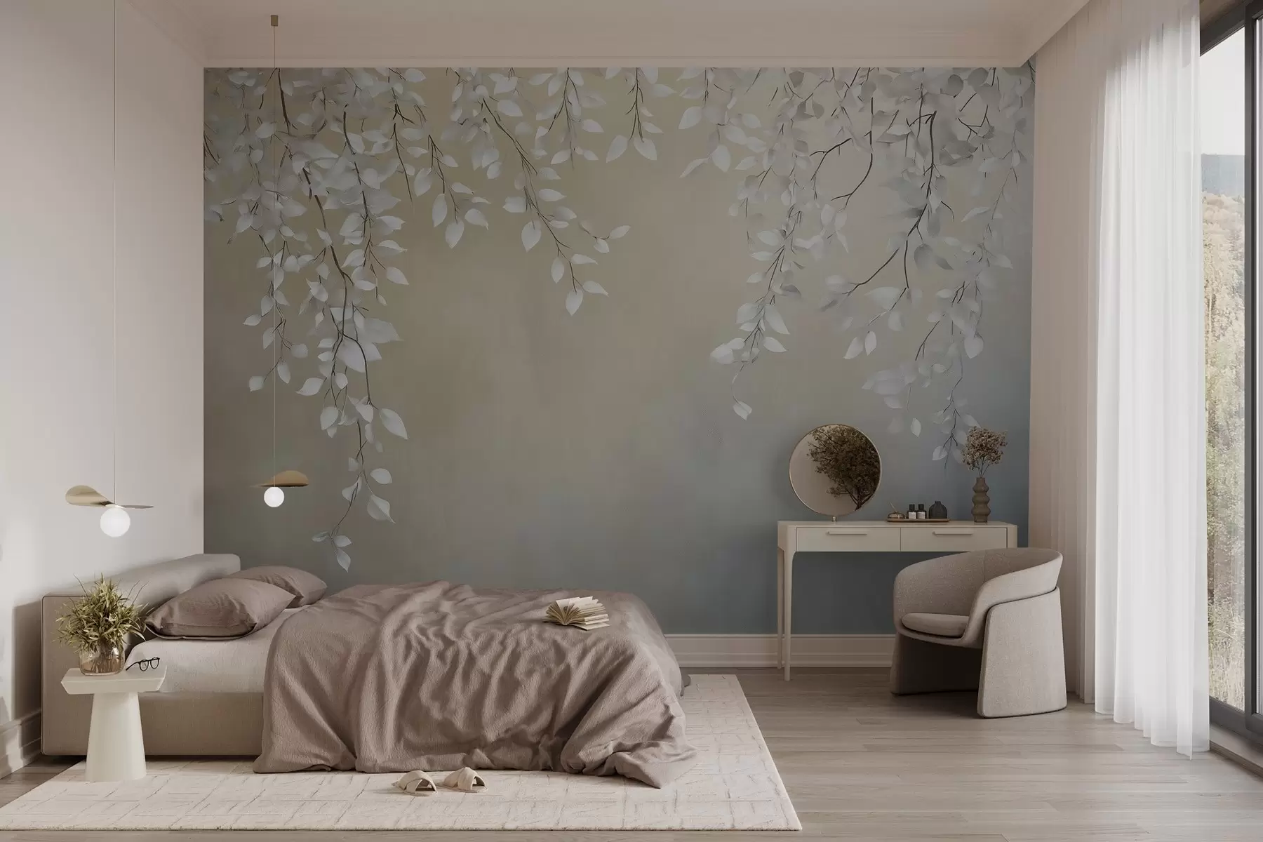 wall murals Нежне гране са белим листовима који виси w02868