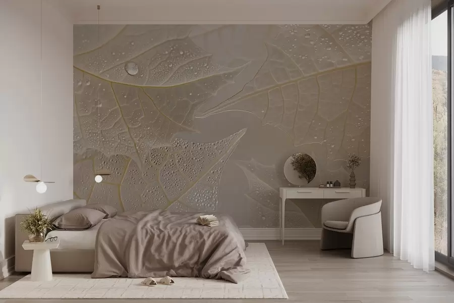 wall murals Крупни план листова са жилама и капљицама росе у беж тоновима w02872
