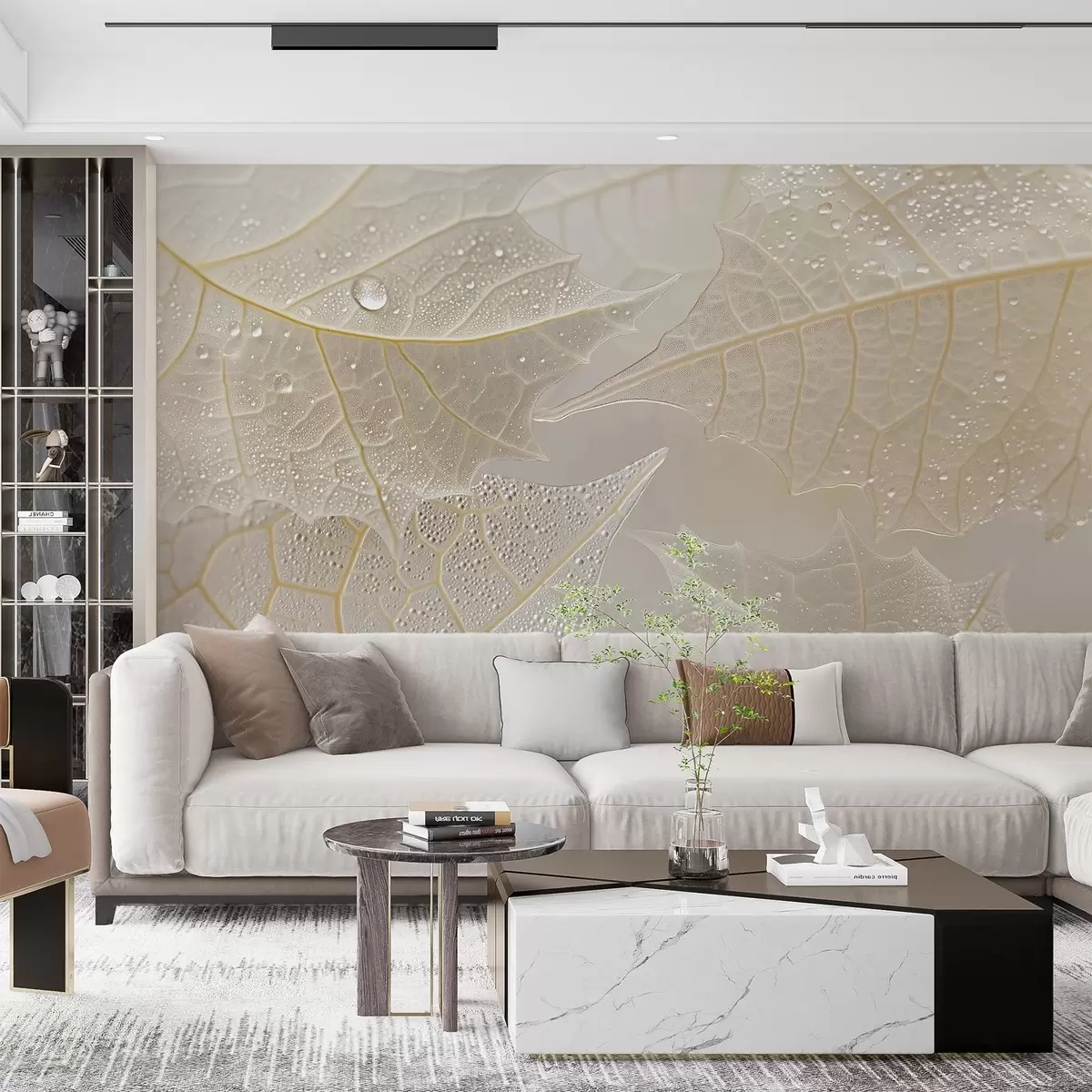 wall murals Крупни план листова са жилама и капљицама росе у беж тоновима w02872