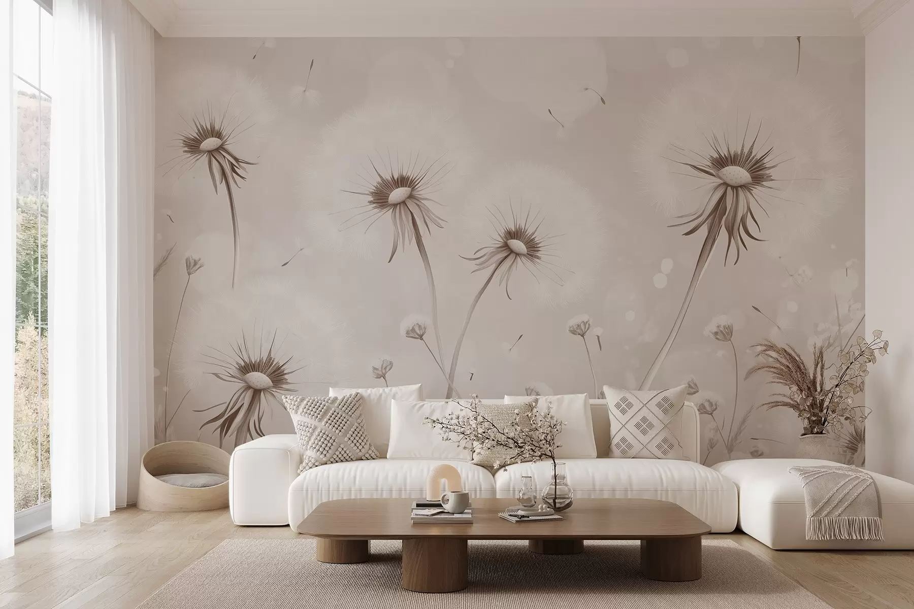 wall murals Елегантни маслачак и дивље цвеће у стилу сликања у беж тоновима w08657v1