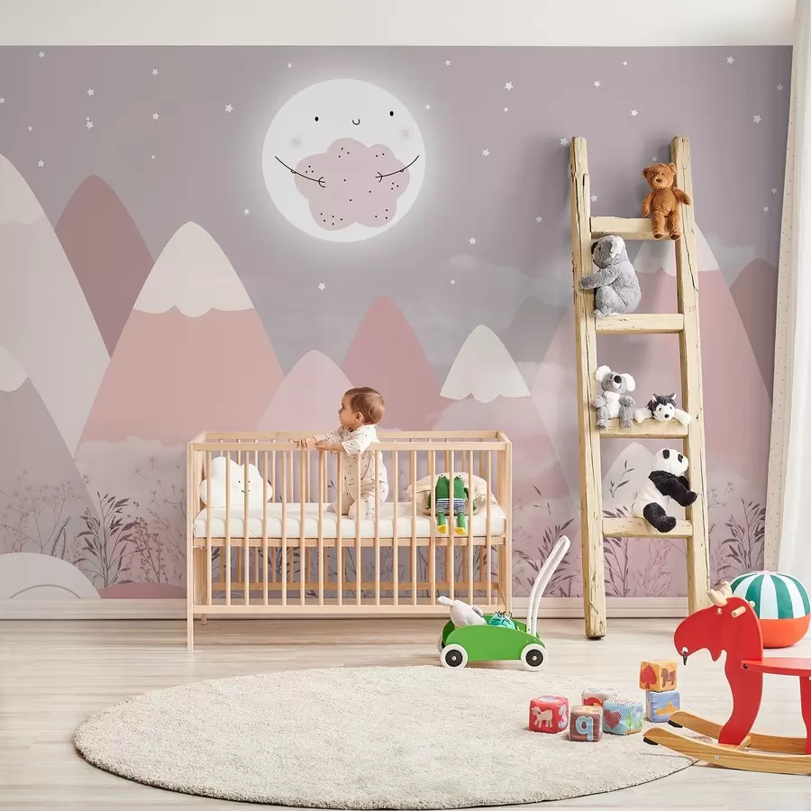 wall murals Дечје планине са слатким месецом и биљкама на дну w08659