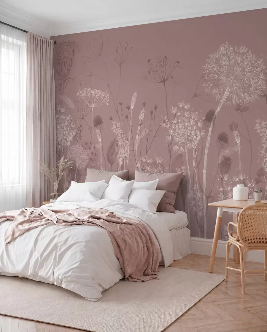 wall murals Ваздушни маслачак и дивље цвеће у акварел стилу у ружичастим тоновима w08637v1