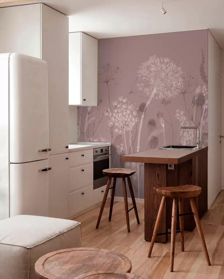 wall murals Ваздушни маслачак и дивље цвеће у акварел стилу у ружичастим тоновима w08637v1
