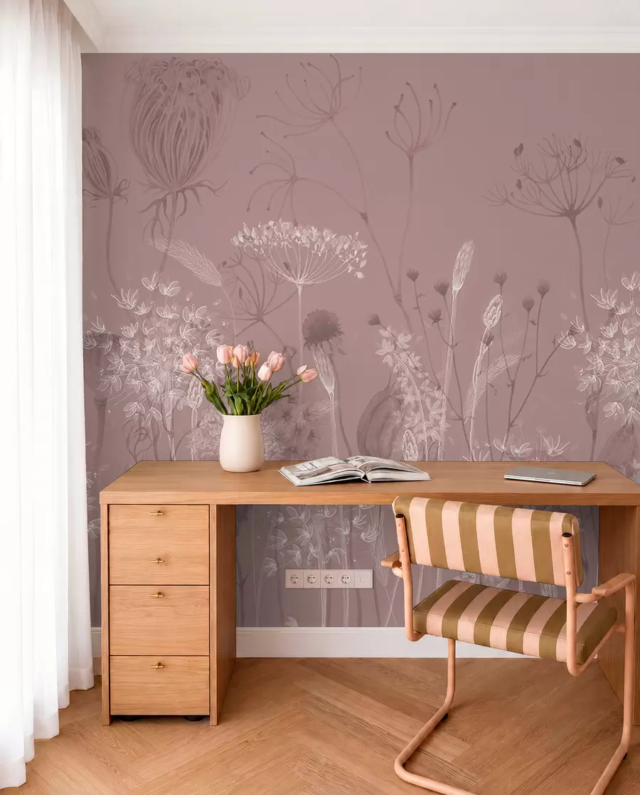 wall murals Ваздушни маслачак и дивље цвеће у акварел стилу у ружичастим тоновима w08637v1