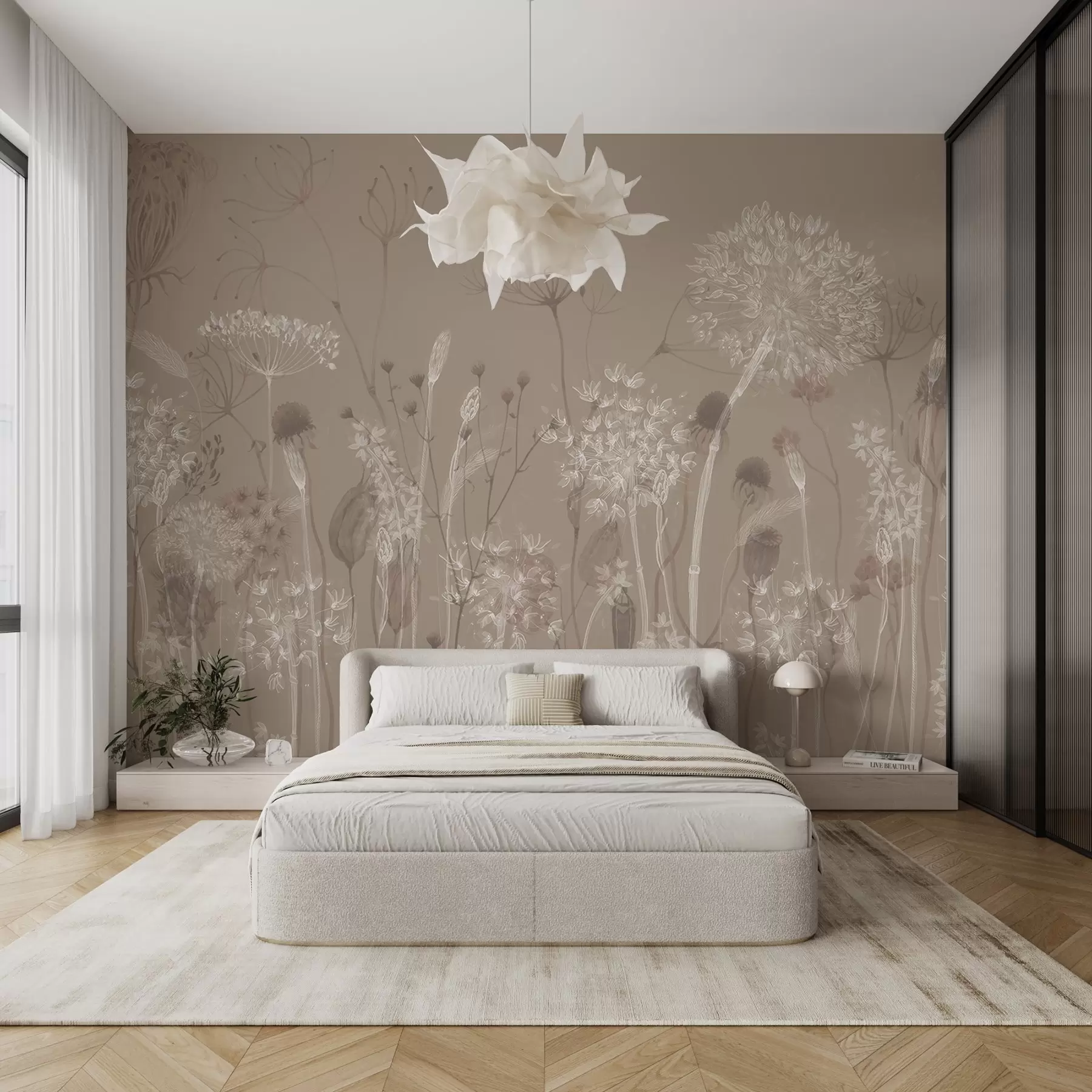 wall murals Грациозан узорак са деликатним маслачцима, биљкама и дивљим цвећем у беж сивим тоновима w08637v2