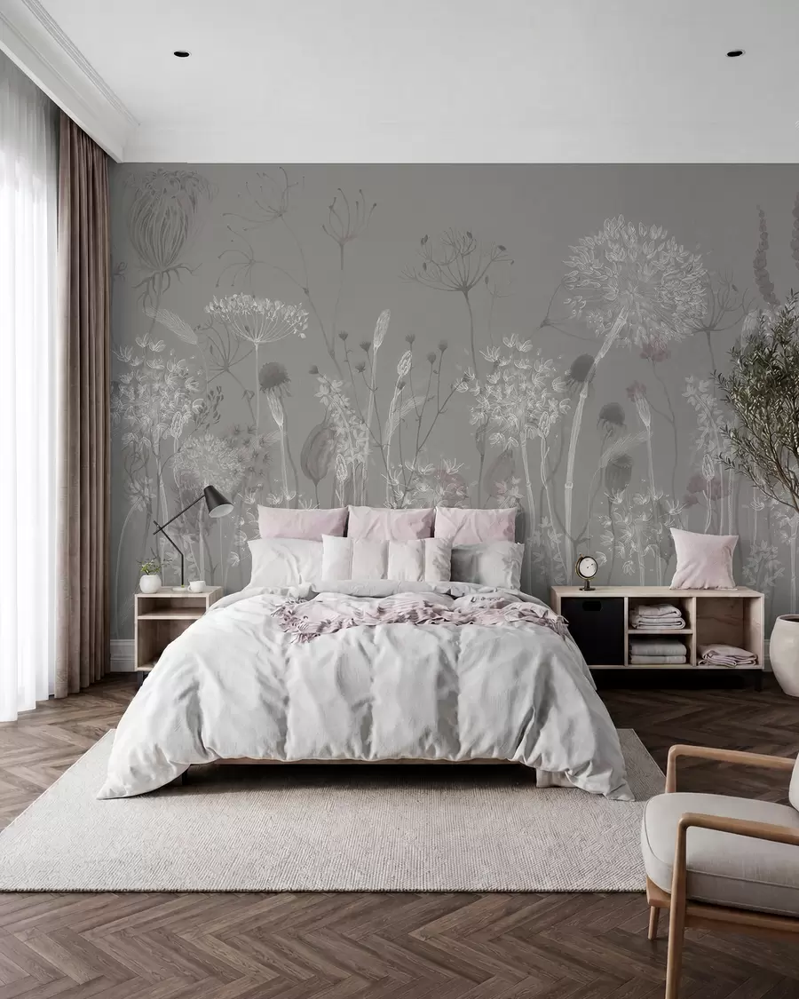 wall murals Ваздушни маслачак и дивље цвеће у акварел стилу у плаво-сивим тоновима w08637v3