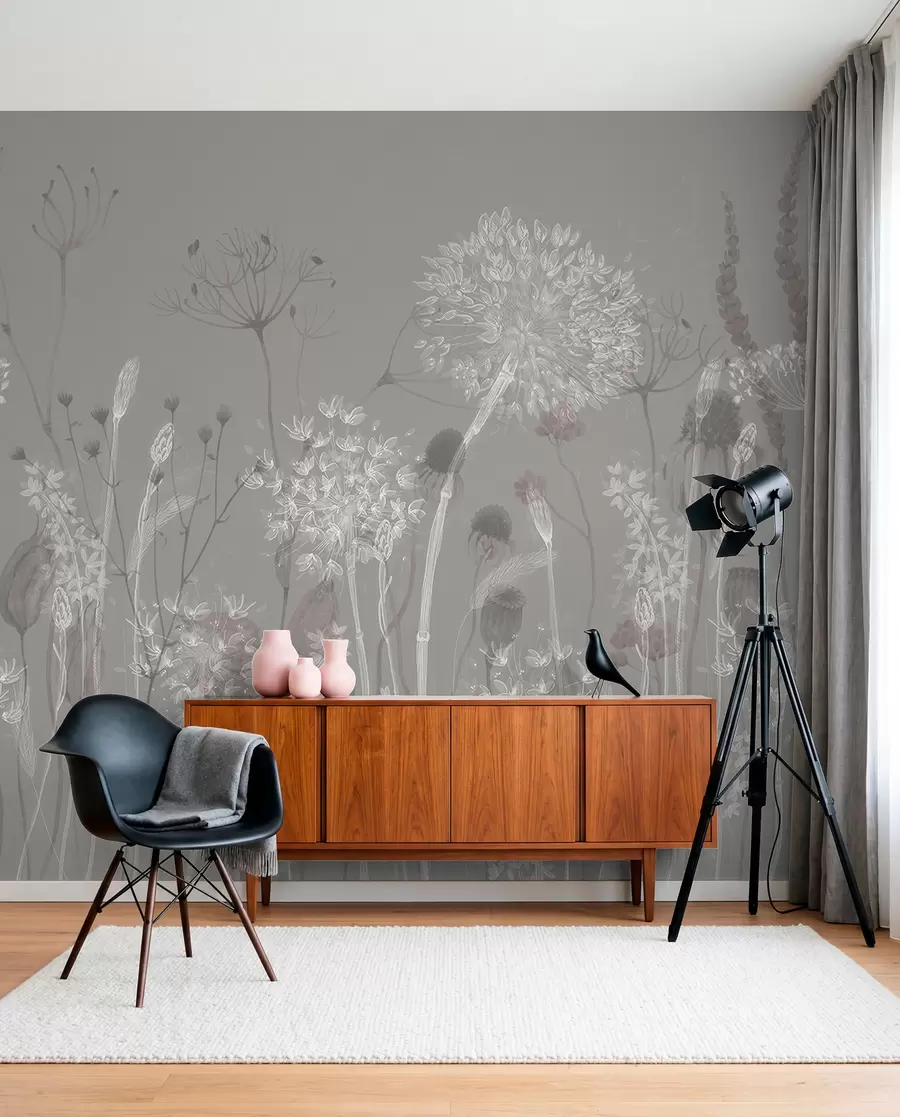 wall murals Ваздушни маслачак и дивље цвеће у акварел стилу у плаво-сивим тоновима w08637v3