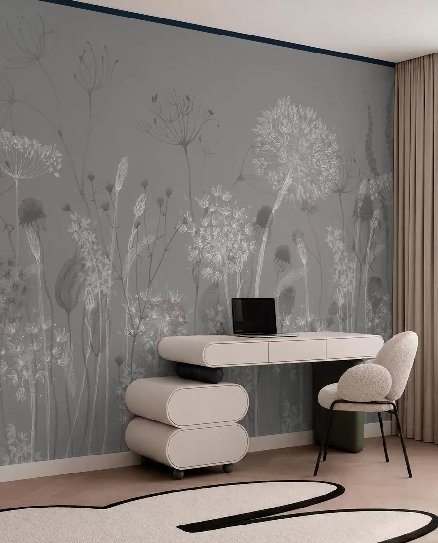 wall murals Ваздушни маслачак и дивље цвеће у акварел стилу у плаво-сивим тоновима w08637v3