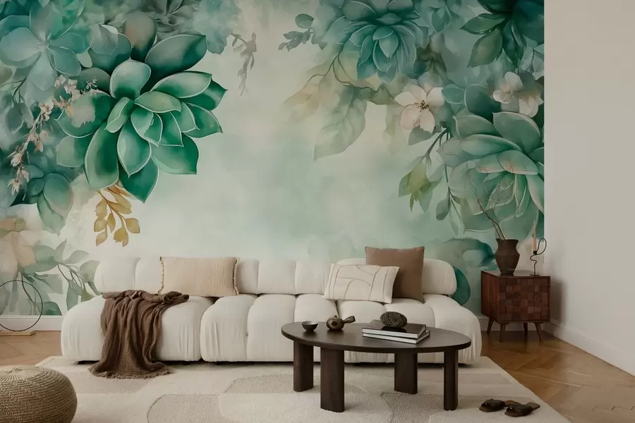 wall murals Нежни бујни сукуленти и цветни елементи у стилу акварела у зеленим тоновима w02874