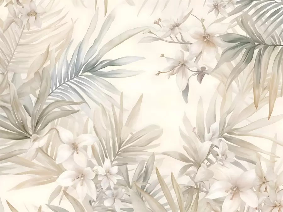 wall murals Тропско лишће и цвеће пастелних боја, са светло зеленим, кремастим и суптилним ружичастим w08660