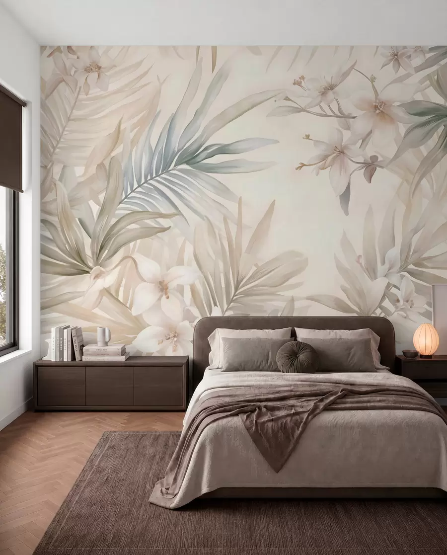 wall murals Тропско лишће и цвеће пастелних боја, са светло зеленим, кремастим и суптилним ружичастим w08660