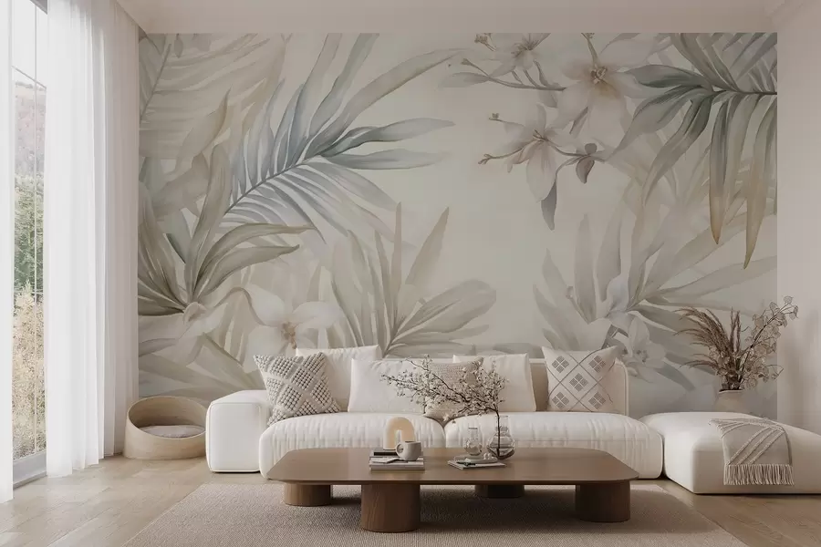 wall murals Тропско лишће и цвеће пастелних боја, са светло зеленим, кремастим и суптилним ружичастим w08660