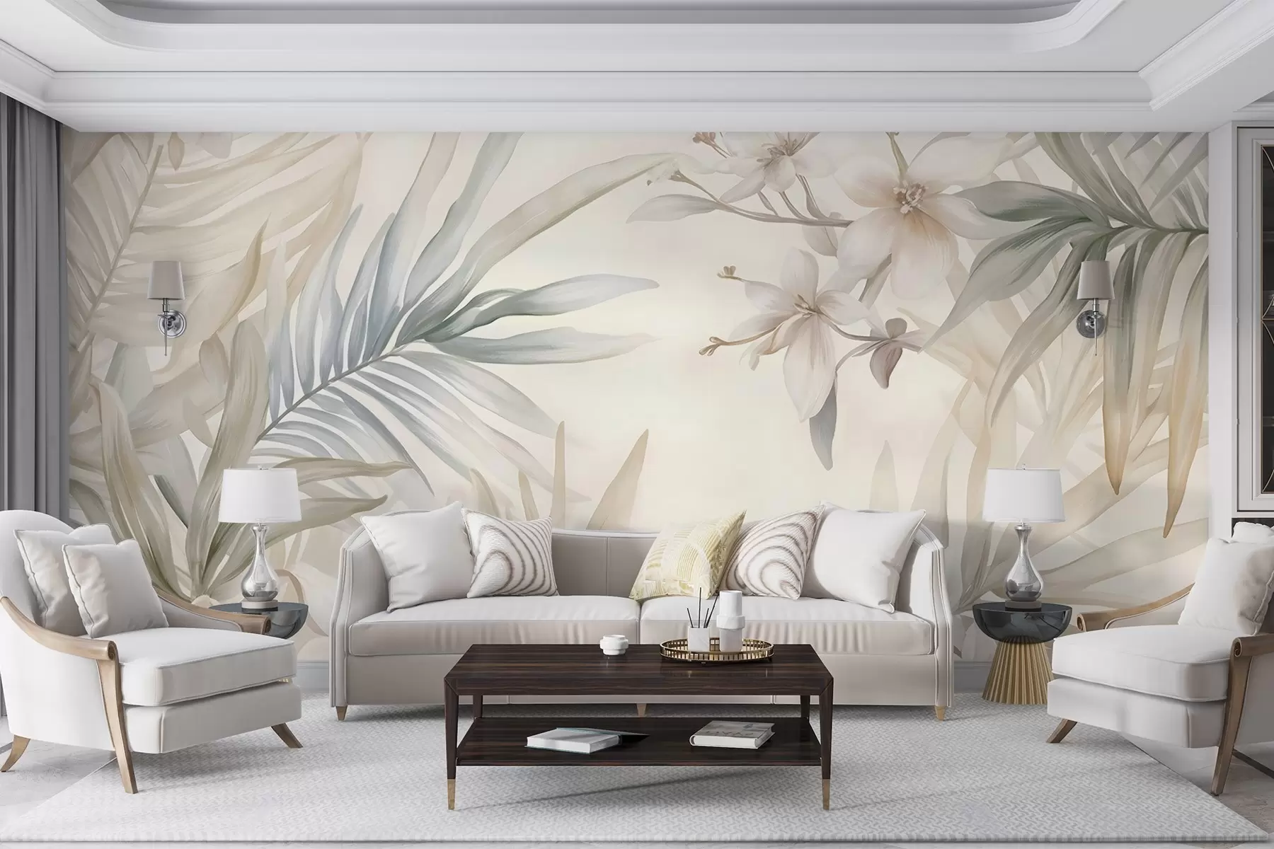 wall murals Тропско лишће и цвеће пастелних боја, са светло зеленим, кремастим и суптилним ружичастим w08660