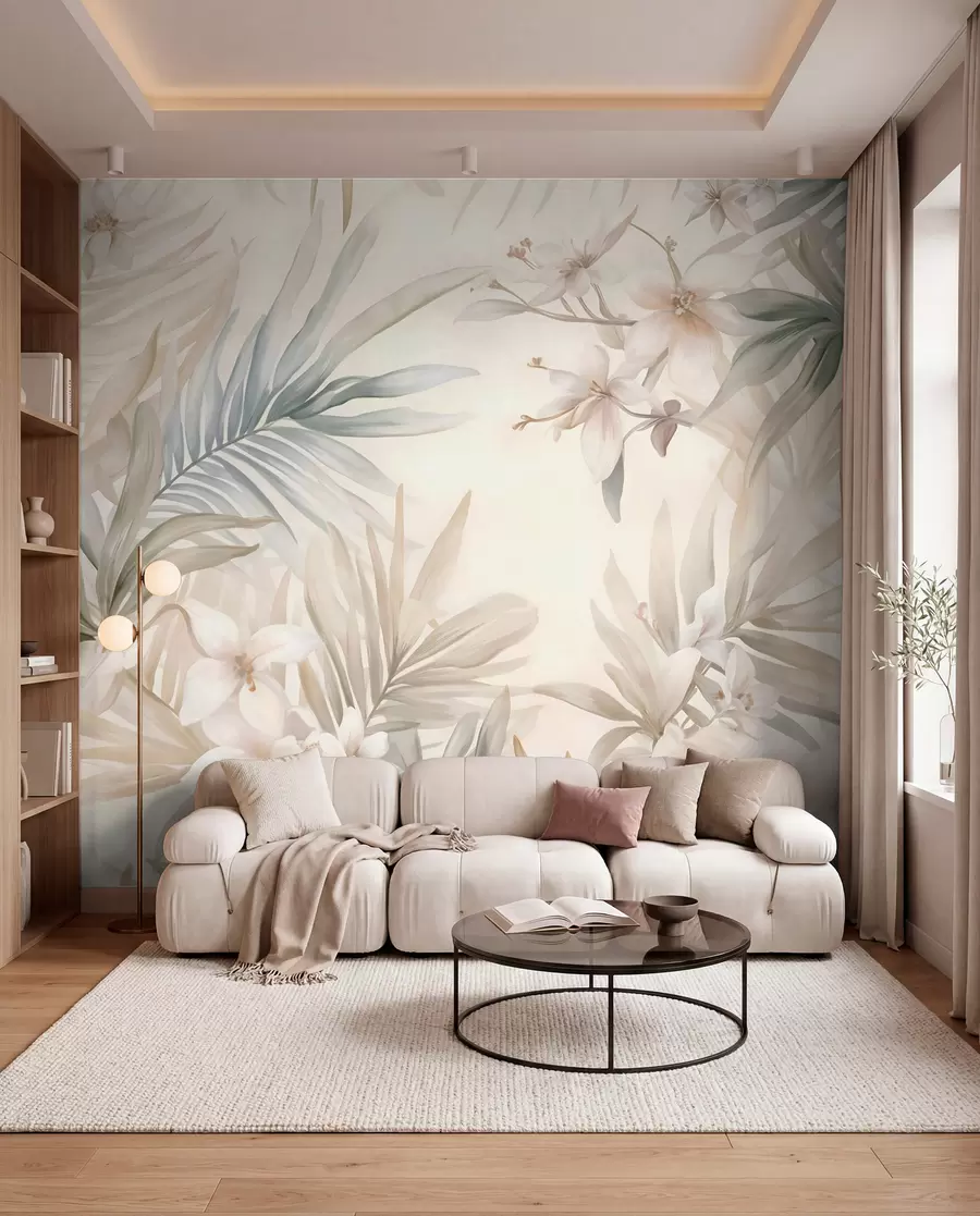 wall murals Тропско лишће и цвеће пастелних боја, са светло зеленим, кремастим и суптилним ружичастим w08660