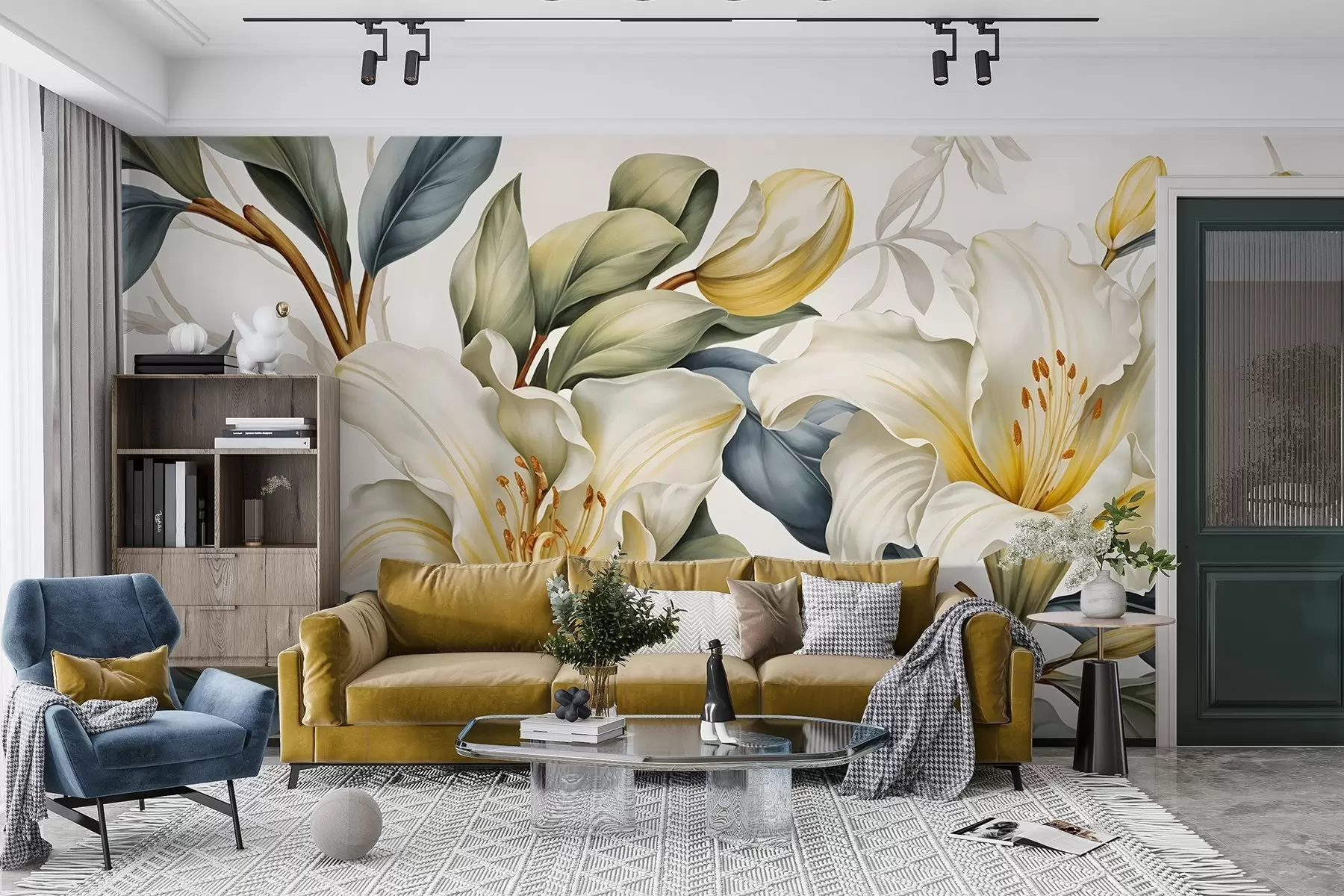 wall murals Сликање белих љиљана са жутим акцентима и зеленим и смеђим листовима, на светлој позадини w08661