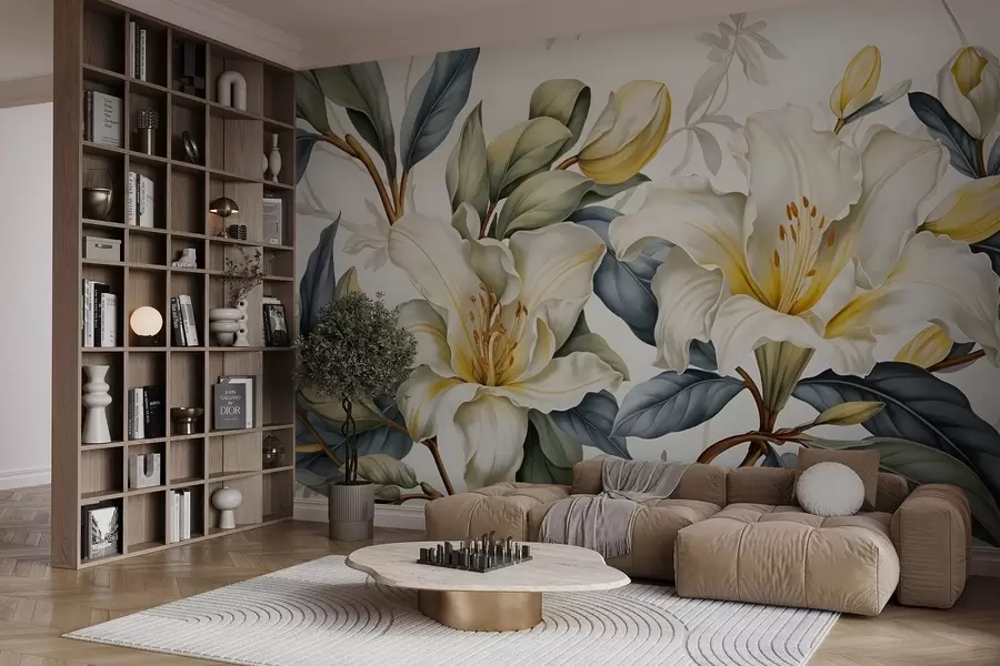 wall murals Сликање белих љиљана са жутим акцентима и зеленим и смеђим листовима, на светлој позадини w08661