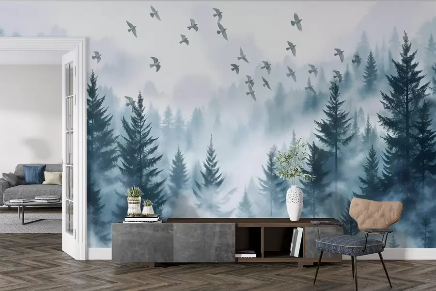 wall murals Мирна магловита шума са дрвећем у нијансама плаве и јатом птица лети на небу w08664