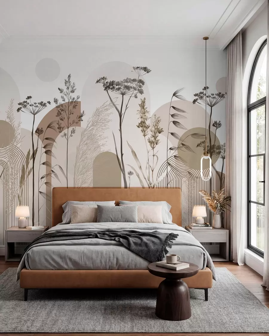 wall murals Колекција биљака и цвећа у неутралним тоновима на апстрактној позадини лука у меким беж и браон нијансама w08665