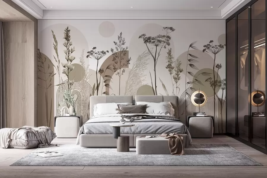 wall murals Колекција биљака и цвећа у неутралним тоновима на апстрактној позадини лука у меким беж и браон нијансама w08665