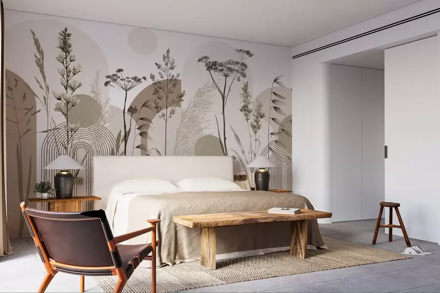 wall murals Колекција биљака и цвећа у неутралним тоновима на апстрактној позадини лука у меким беж и браон нијансама w08665