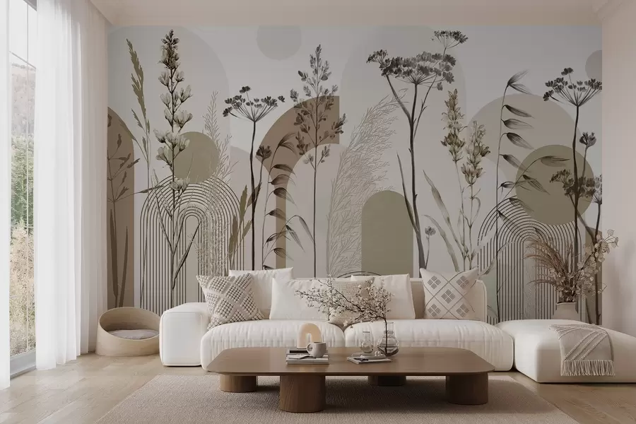 wall murals Колекција биљака и цвећа у неутралним тоновима на апстрактној позадини лука у меким беж и браон нијансама w08665