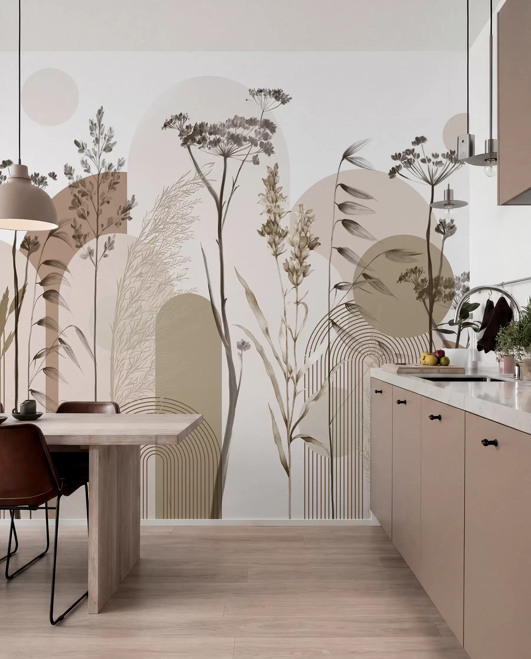 wall murals Колекција биљака и цвећа у неутралним тоновима на апстрактној позадини лука у меким беж и браон нијансама w08665