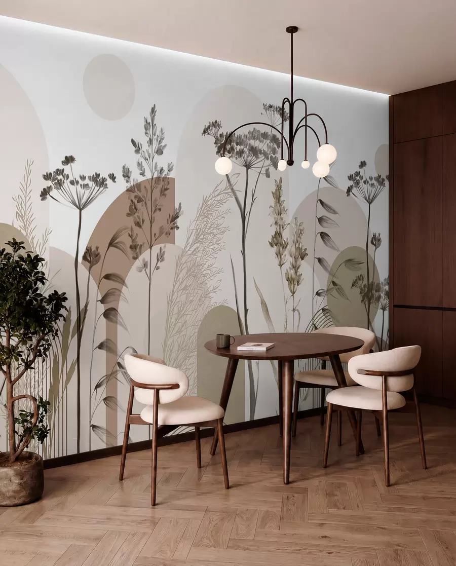 wall murals Колекција биљака и цвећа у неутралним тоновима на апстрактној позадини лука у меким беж и браон нијансама w08665
